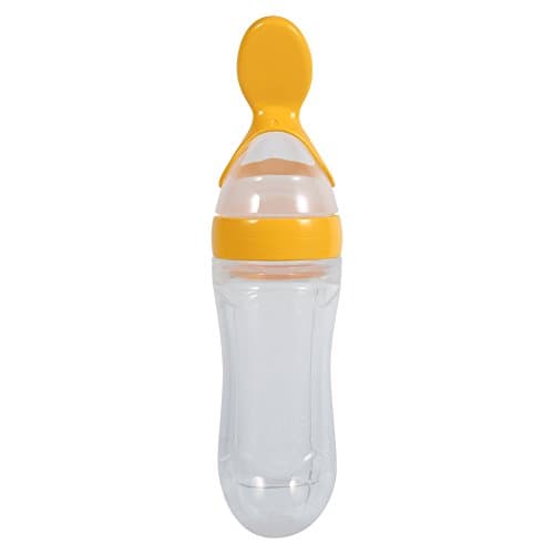 Baby Feeder Bottle, Baby Food Feeder, 1Pc 90mL Silicone Baby Toddler Feeding Bottle with Spoon Fresh Food Cereal Squeeze Feeder Hot(Yellow)