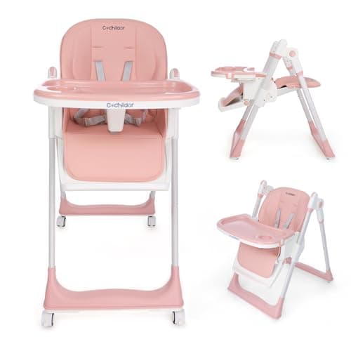 Cochildor 3-in-1 Foldable High Chair for Babies & Toddlers – Adjustable Height, Reclining Seat, 5-Point Safety Harness, Removable Tray, Lockable Wheels – Portable & Easy Clean, Pink