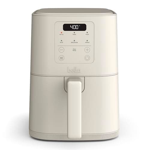bella 4Qt Slim Air Fryer, Fits-anywhere™ Kitchenware, EverGood™ Ceramic Nonstick Coating, Adjustable Temperature, 6 Preset Cooking Options, 60 Min Auto Shutoff w Audible Tone, 3.3lb Capacity, Oatmilk