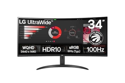 LG UltraWide Monitor (34WR50QK) - 34-inch 21:9 Curved UltraWide™ QHD (3440x1440) Display, sRGB 99%, HDR10, PBP, 100Hz Refresh Rate, Eye-Care Features, Ergonomic Design