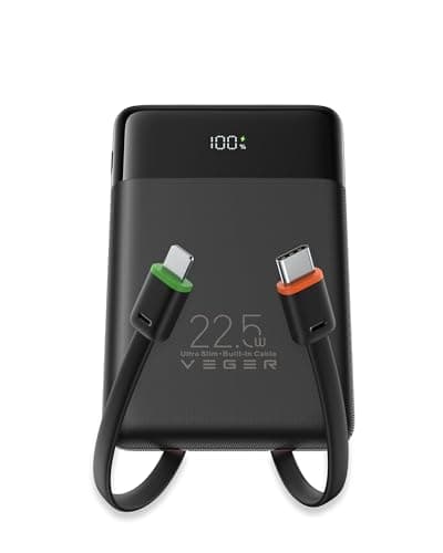 VEGER Portable Charger, Ultra-Slim Power Bank 22.5W Fast Charging with Built-in Cables, Small Travel Essentials Powerbank, 10000mAh USB C Battery Pack for iPhone 17 16, Samsung S25 S24, Google (Black)