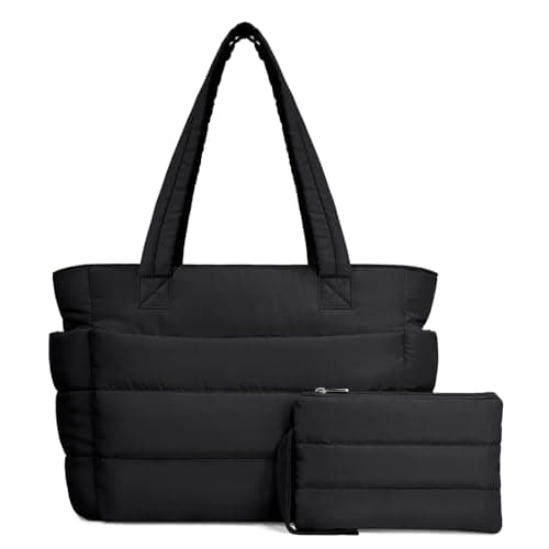 TOPDesign Puffer Tote Bag for Women, Lightweight Puffy Handbag with Compartments, Quilted Shoulder Bag for Work, Travel, Gym, Black, Medium, Casual