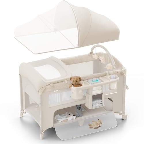 Obee Odee 4 in 1 Baby Bassinet, Pack and Play, Bedside Crib Sleeper, Diaper Changer - Comes with Mattress, Mosquito Net，Bottom Storage and Toy Bar for Newborn to Toddles (Off-white)