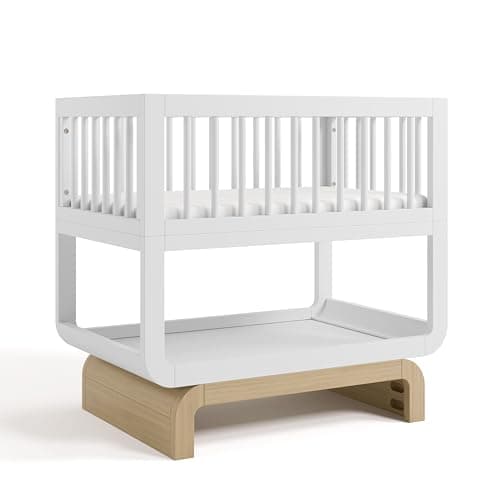 Storkcraft Santorini Deluxe 3-in-1 Convertible Bassinet (White with Driftwood) – GREENGUARD Gold Certified Wood Baby Bassinet, Includes Water-Resistant Mattress, Converts to Toy Box and Bookcase