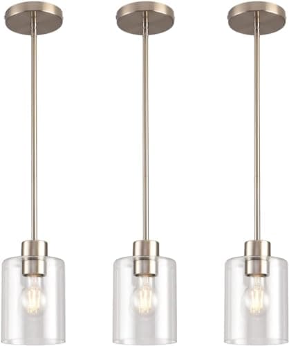 Brushed Nickel Pendant Lights Kitchen Island - Clear Glass Pendant Light Fixture Multiple Stems Rods 3 Units 12 Inch 3 Units 4 Inch (3 Pack Brushed Nickel)