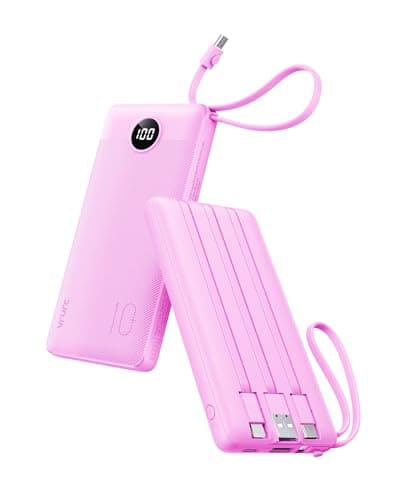 Portable Charger 10000mAh with Built-in Cables,VRURC Slim Power Bank,with LED Display, Cell Phone Battery Pack Phone Charger Compatible with iPhone 17/16/15 & All iPhone Series,Samsung Series,Purple