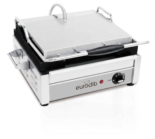 Eurodib Commercial Panini Press Grill, Flat & Ribbed Plates, Stainless Steel Sandwich Maker, Cooking Surface 14.8" x 10.9" - 1800W Electric Grill for Restaurant, Café & Food Truck (Ribbed)