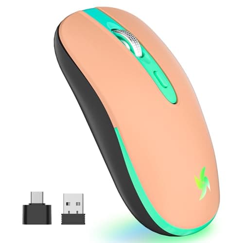 LED Wireless Mouse, Slim Rechargeable Silent Computer Mouse for Laptop, 2.4G Portable USB Optical Computer Cordless Mice with USB Receiver and Type C Adapter for Tablet,Champagne Pink