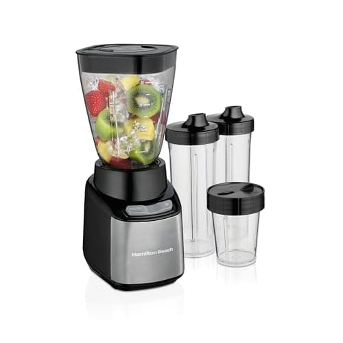 Hamilton Beach MultiBlend Smoothie Blender System, 650W, 4 Shatterproof BPA-Free Jars & Lids, 32 oz Jar, 8 oz Grinder, 2 Travel Cups, Black and Stainless, 52400