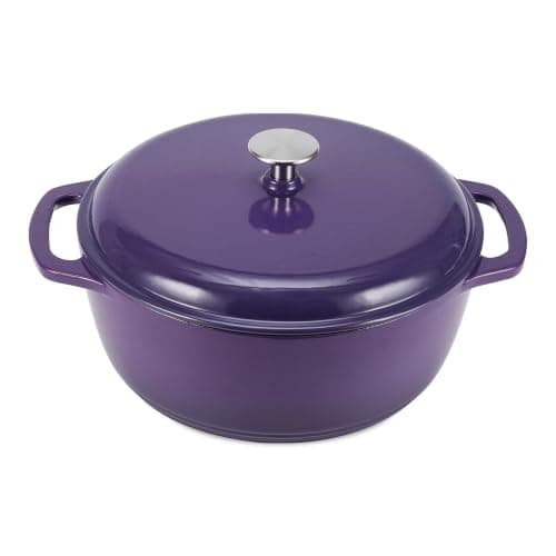 Amazon Basics Enameled Cast Iron Round Dutch Oven with Lid and Dual Handles, Heavy-Duty, 6-Quart, Purple