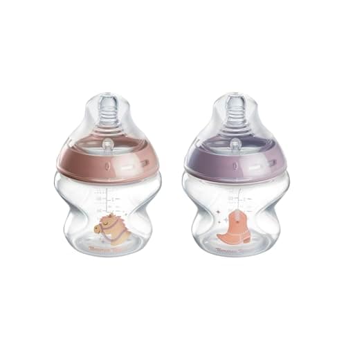 Tommee Tippee Natural Start Baby Bottles for 0m+, Pack of 2, 5oz Baby Bottles, with Slow Flow Breast-Like Nipple for a Natural Latch, Self-Sterilizing and BPA Free, Decorated