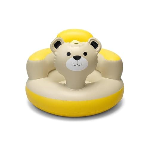 Etiin Inflatable Baby Seat 3D Cream Bear — Built-in Pump, Food-Grade PVC, Wide Anti-Tip Base, Portable Floor Chair 6-36 Months, Baby Boys & Girls, Blow Up Chair Sit Up Practice Chair,Baby Beach Sofa