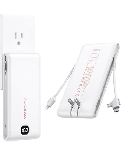 VEEKTOMX 10000mAh Power Bank with Foldable Wall Plug & Built-in Cables — 15W All-in-One Portable Charger for iPhone 16/15/14, Samsung, iPad — Travel Battery Pack