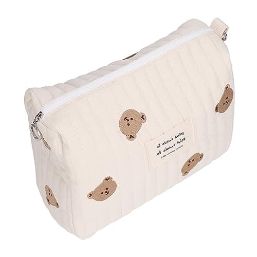 Portable Baby Bottle Bag, Cotton Diaper Storage Bag, Cute Neutral Stroller Bag, for Both Bottles and Diapers (Bear Embroidery)