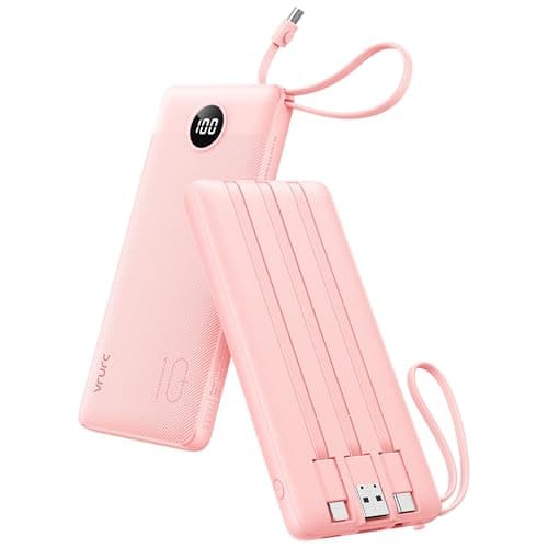 VRURC Portable Charger 10000mAh, Battery Pack with LED Display,Slim Power Bank Built-in USB C Cables Phone Charger Compatible with iPhone17/16/15 & Early Series,Samsung,Android etc-Pink