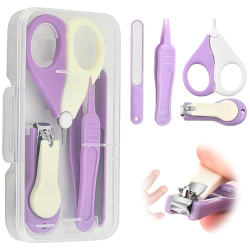 Baby Nail Kit, 4-in-1 Baby Nail Care Set with Cute Case, Nail Baby with Scissors Clippers File Tweezers, Rounded Tips for Newborn, Infant, Toddler, Kids-Purple