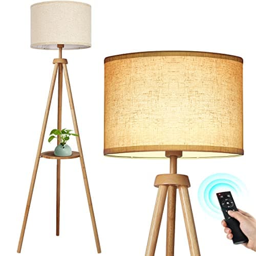 OUTON Tripod Floor Lamp Wood with Shelves, Mid Century LED Modern Dimmable Floor Lamp with Remote Control, Sturdy Tall Standing Lamp with Beige Linen Texture Shade for Living Room, Bedroom, Office