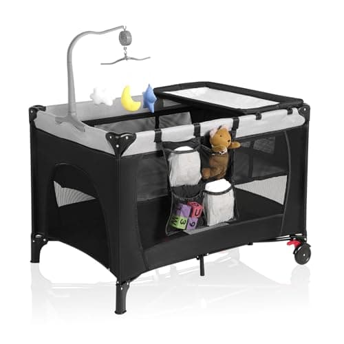 Pack and Play, Travel Crib, with Changing Table, Portable Pack and Play, with Carry Bag, Foldable, Portable Crib for Toddlers 1-3 （Black）