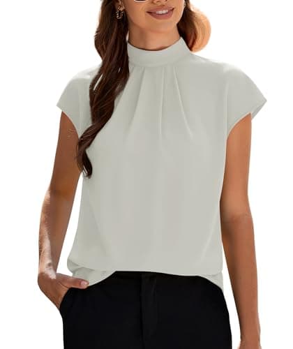 Funlingo Business Casual Tops for Women Summer Turtle Neck Chiffon Blouse Formal Tunic Dress Shirts Cap Sleeve Loose Pleated Work Outfits Grey M