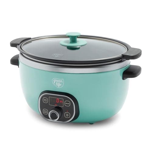 GreenLife 6QT Ceramic Slow Cooker, PFAS-Free, Programmable, Removable Healthy Nonstick Pot for Family Meals, Sear on Stovetop, Keep Warm, Digital Timer, Dishwasher Safe Glass Lid, Turquoise