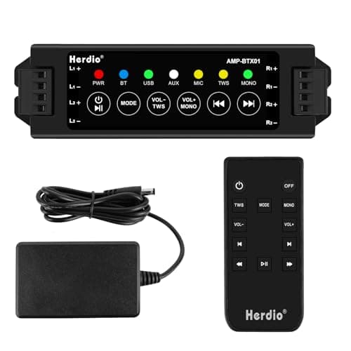 Herdio 4-Channel Bluetooth Amplifier Receiver - 200W Total Power (40W/Channel) with 24V5A Power Supply, IR Remote Control & Power-Off Memory - Ideal for Home, Garage, Ceiling & Passive Speakers