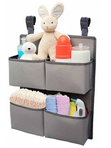 KIKJOK Hanging Diaper Organizer for Crib/Playpen/Bassinet – Hold 80+ Diapers - 4 Deep Pockets-H19in x L15 in Changing Table Diaper Holder - Hanging Diaper Stacker Nursery Caddy Organizer - Grey