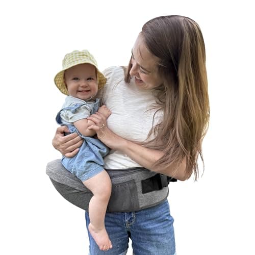 Safety 1st Hip Seat Baby Carrier – 4-in-1 Ergonomic Carrier with Memory Foam Seat, Adjustable Waist Belt & Storage, Anti-Bacterial Fabric, For Newborns to Toddlers 7–30 lbs, Grey