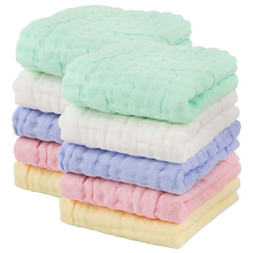 AIDEA Baby Washcloths and Burp Cloths, Absorbent Cotton Muslin Baby Towels, Large Soft Breathable Newborn Essentials for Boys and Girls, Newborn Essentials, 10 Pack, 10"x10"