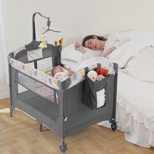 Ihoming Baby Bassinet Bedside Sleeper Baby Crib, Pack and Play with Bassinet and Changing Table, Portable Playpen with Toys, Mattress for Girl Boy Infant Newborn Gray