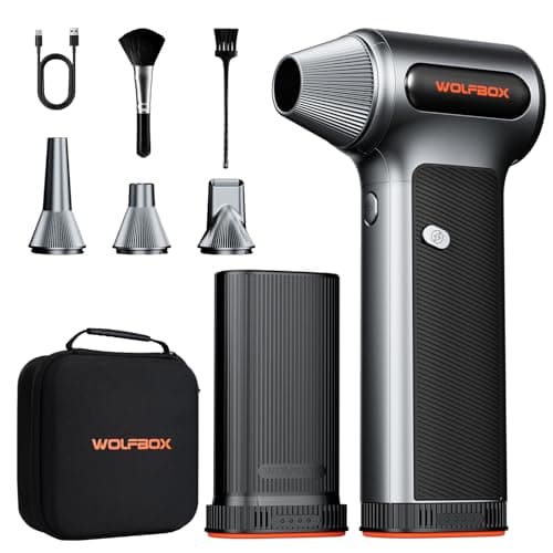WOLFBOX MF200-2PK Compressed Air Duster - 2 Swappable Battery Packs & Case, Hurricane-Force Electric Air Blower for PC, Car Detailing, Camping & Home, High-Pressure Duster for Narrow Gaps & Crevices