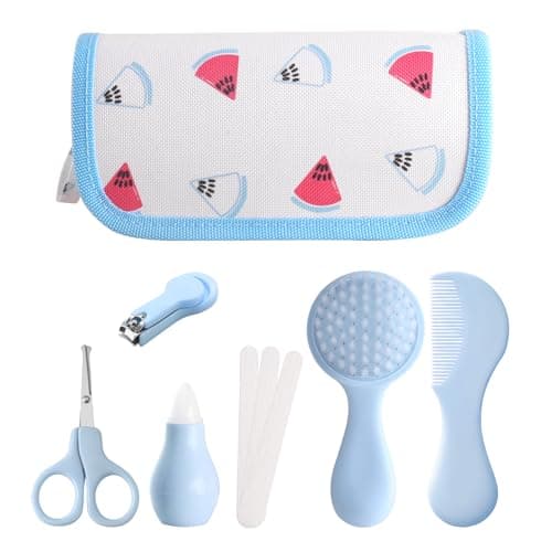 Baby Grooming Kit 6 - Piece Set in Storage Bag(Blue) - Soft Brush, Comb, Nail Clippers, Safety Scissors & File for Newborn/Toddler Care