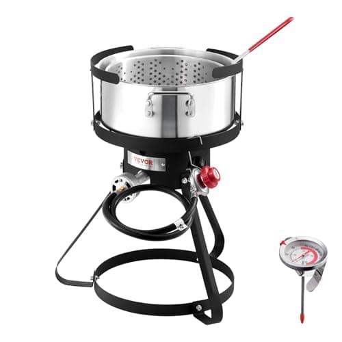 VEVOR 10 Qt Fish and Wing Fryer, Aluminum Propane Fish Fryer Kit, Outdoor Deep Fryer Seafood Pot with Thermometer, Strainer Basket, and 54,000 BTUs Propane Burners, for Outdoor and Backyard Cooking