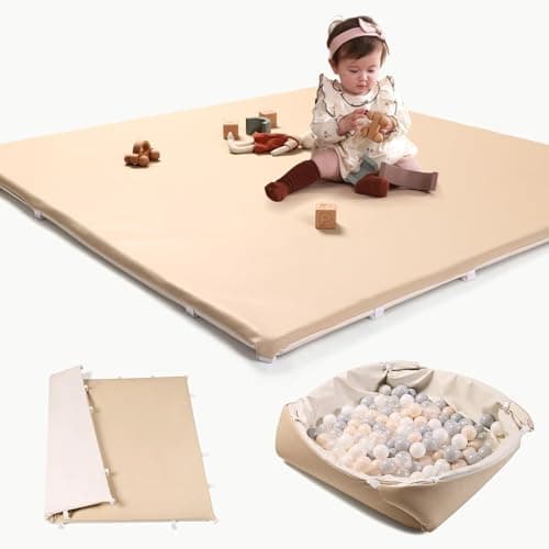 Hikiddy Play Floor Mat for Baby: 2-in-1 Foldable Foam Mat & Ball Pit for Infants and Toddlers - 47x47 Extra Thick Soft Vegan Leather Padded Playmat for 50x50 Playpen for Girls Boys (khaki/beige)