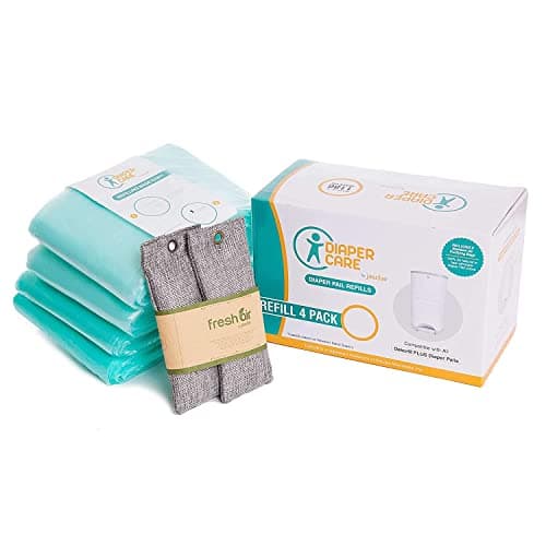 4 Pack Diaper Refill Liners - Compatible with Dekor PLUS Refill - Disposable Diaper Pail Liners Hold Up to 2372 Diapers - Baby Scented Refills with Natural Charcoal Odor Eliminator Bags