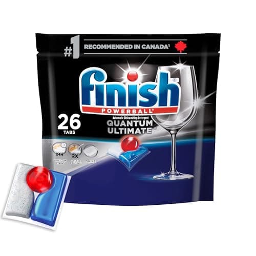 Finish Quantum Ultimate Dishwasher Detergent Pods, 3-Chamber Formula with Powerball, 2X Grease Fighting*, 24H Dried-On Stains, Deep Clean, Virtually Spotless Shine, No Pre-Rinse, 26 Tabs