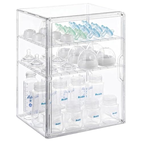 Onilife Baby Bottle Storage Organizer for Countertop Cabinet, 3 Tier Adjustable Bottles Station Container, Clear Acrylic Case Box with 2 Removable Dividers and Magnetic Door, Large