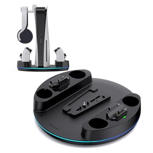 NEWDERY for PlayStation 5/Slim/Pro Console Stand, with Dual Charging Station for PlayStation 5 Controllers, Adjustable RGB Light, for PlayStation 5 Controller Charger Stand - Black