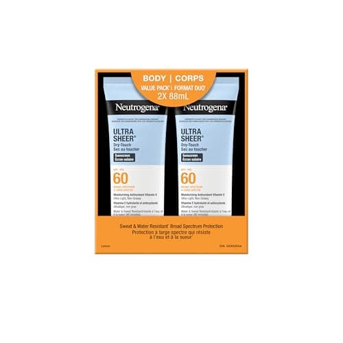 Neutrogena Ultra Sheer Dry-Touch Sunscreen Lotion, Broad Spectrum SPF 60 UVA/UVB Protection, Oxybenzone-Free, Light, Water Resistant, Non-Comedogenic & Non-Greasy, 88 mL (Twin Pack)
