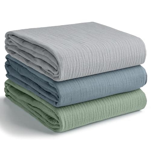 Comfy Cubs Muslin Swaddle Blankets Pack of 3, 107 x 107 cm, Soft 100% Cotton Baby Blanket Set, Large Swaddling Wraps for Newborns - Self-Soothing Baby Swaddle - Heather Blue, Pacific Blue, Fern
