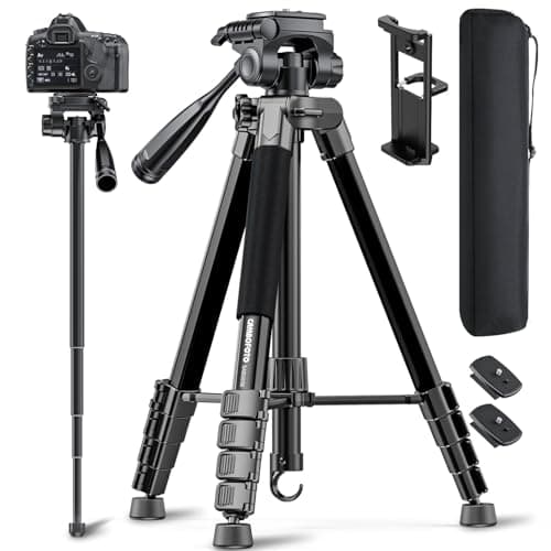 CAMBOFOTO 73" Camera Tripod and Monopod, Porfessional Aluminum Tripod Stand for Mirrorless Camera/DSLR/Cell Phone/Camcorder/GoPro, with Phone Holder and Travel Bag