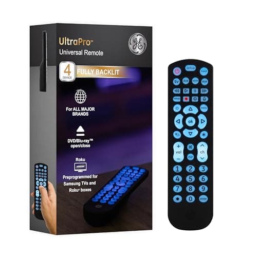GE Backlit Universal Remote Control for Samsung, Vizio, LG, Sony, Sharp, Roku, Apple TV, RCA, Panasonic, Smart TV, Streaming Players, Blu-Ray, DVD, 4-Device, Black, 40081, Handheld - Small