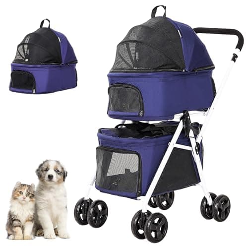 BETSOCCI Double Pet Stroller with Detachable Carrier for Medium Small Dogs and Cats, Foldable 3-in-1 Cat Stroller with 4 Wheels Lightweight Dog Stroller for 2 Dogs or Cats Blue