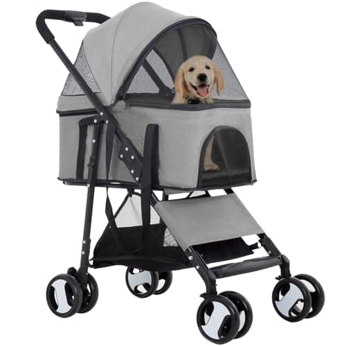 FDW Pet Stroller 3 in 1 Multi-Function Dog Stroller Jogging Stroller with Detachable Carrier, Lightweight Travel Stroller for Small and Medium-Sized Pets (Grey, 4 Wheels)