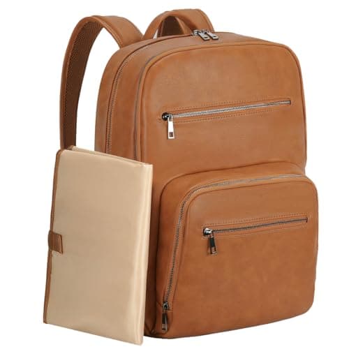 Diaper Bag Backpack for Mum Dad,VASCHY Unisex Large Waterproof Vegan Leather Baby Bag with Changing Pad,Insulated Pockets,Padded Laptop Sleeve for Travel,Brown