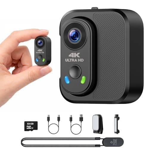 Action Camera 4K, Mini Body Camera with 64GB SD Card, Portable POV Camera for Vlogging, 150° Wide Angle WiFi Thumb Cameras with EIS Stabilization, Charging Case