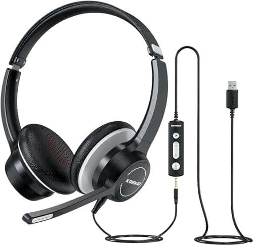 KONNAO Computer Headset with Microphone, 3.5mm/USB Headsets Wired with Noise Cancelling Microphone, Stereo Headphones with MIC for PC, in Line Controls, Work Headset for Skype Zoom Tablet Laptop