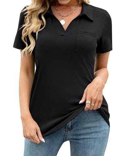RIROW Womens V Neck Polo Shirts Short Sleeve Collared Tops Loose Casual Pocket Tunic 2026 Trendy Black