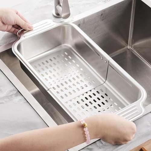 Stainless Steel Over Sink Dish Drainer Rack Expandable Kitchen Sink Basket Strainer with Drainboard for Fruits Vegetables Utensils Drying Storage