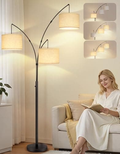 OUTON Arc Floor Lamps for Living Room, Modern Dimmable Standing LED Floor Lamp, Mid Century Modern Decor Tree Lamp for Bedroom, Office, Home, Black & Beige Shade