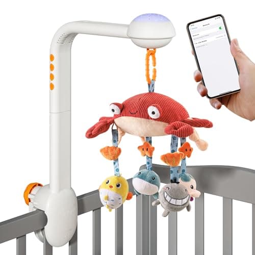 TUMAMA Baby Crib Mobile, Crib Toys with Projection Night Light, Music and White Noise, Soft Plush Mirror Hanging Toys,Mute Spin Motor Nursery Toys for Infant 0 3 6 9 Month Newborn Xmas Gift